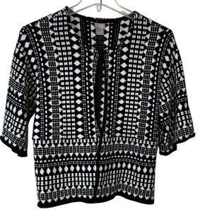 Chico’s Black & White Textured Knit Open Front Jacket Cardigan – Size 1 (M) Boho